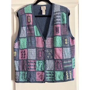 Koret City Blues Vintage Crochet‎ Patchwork Sweater Vest Embroidered Blue Large